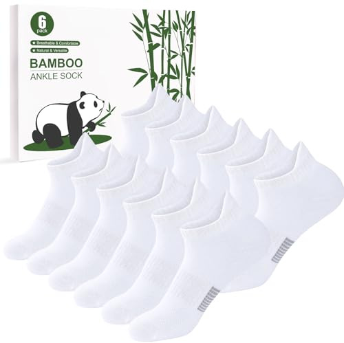 Bambu Träningssockor Damer 6 par – Andningsbara Ankelsockor till Löpning, Damsporter Låga Sockor, Atletiska Sockor med Presentask för Kvinnor och Flickor​ vit S​​
