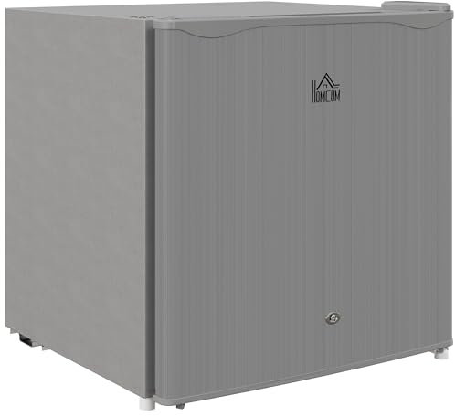 HOMCOM 46 Litre Table Top Mini Fridge with Lock, Small Fridge with Ice Box, Reversible Door, Adjustable Temperature and Legs for Bedroom, Home, Office, Grey