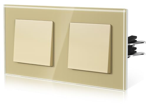 BSEED Lichtschalter Unterputz aus Glas,Normaler-Taste Schalter,Wechselschalter mit Krallen,Einfach Montage,10 Amp 250 V,NEU E-Serie,Doppelt 1 Fach 1 Weg,157mm Gold