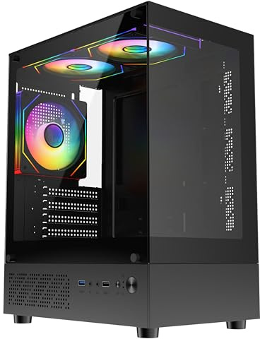 CiT Celsius mATX Gaming PC Case – Panoramic Dual Tempered Glass - Including 3 x 120mm Infinity ARGB Fans, 6-Port PWM Hub - AIO Liquid Cooling Support - USB 3.0, USB 2.0, HD Audio | Black