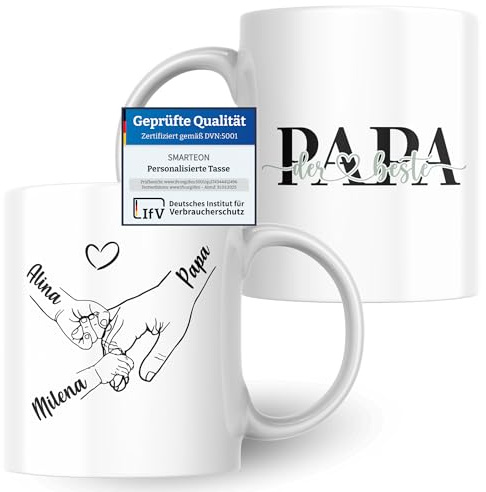 SMARTEON Tasse personalisiert | Kinderhände mit Namen als individuelles Geschenk für Papa oder Mama als Andenken oder Fotogeschenk für Vater und Kinder, Bedruckte Tasse (Papa)