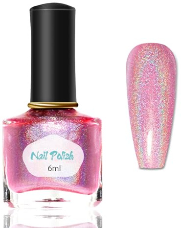 Holographischer Glitzer Nagellack - Rosa Schimmer Nagellack Schnelltrocknend mit Rainbow Lasereffekt - Shining Atmungsaktiv Nagelack - Regenbogen Glitter Nail Polish für Frauen (Pink, 6 Ml)