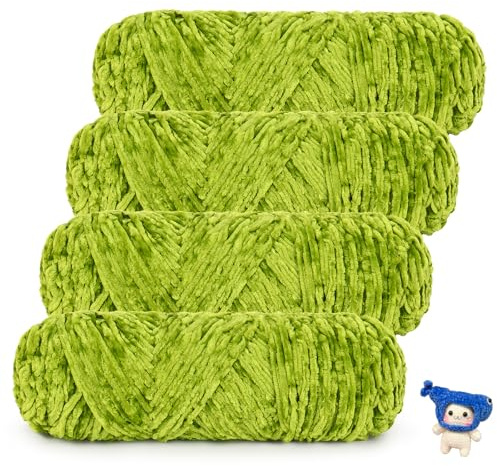 Coopay Samt Chenille Wolle zum Häkeln, 400g (4x100g) Velvet Chenillegarn, Super Flauschige Dicke Wolle zum Stricken, Weiche Samtig Chenillewolle für Schal, Decke, Pullover - Grasgrün