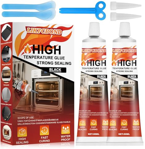 LIKFCBOND Hochtemperaturkleber, Hitzebeständiger Kleber Schwarz, Hochtemperatur Feuerfest Silikon Kleber für Kamine, Öfen, Backöfen, Hitzeschutzschilder, 2 Stück, 50ML