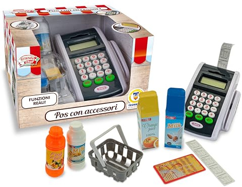 Teorema Giocattoli, POS Spielzeug für Kinder, Spielzeugkiste mit echtem Taschenrechner, Kreditkartenleser, Quittung und Zubehör, tragbare Kasse für Supermarkt-Spiele