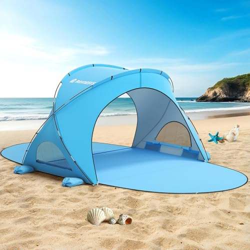 Raynesys Beach Tent Sun Shelter, Sun Shelter for 1-4 Person, Beach Shade Tent, Beaches Shade with 2 Zippered Doors, Portable Tents for Camping Fishing, Blue