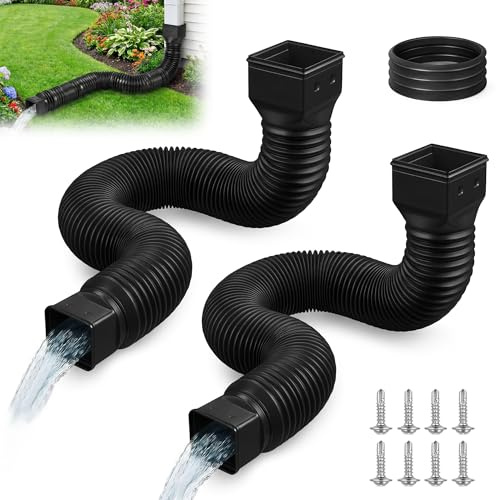 Rain Gutter Downspout Extensions 2 Pack: Flexible Downpipe Extension Extendable from 21 to 60 Inches Black Downspout Extender for Rain Water Drainage