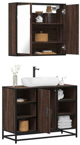 Holamys 2-TLG. Badmöbel-Set, Braun Eichen-Optik, Holzwerkstoff, 80x33x60 cm, wandmontierter Spiegelschrank, Robustes Metallgestell, reichlich Stauraum für Badezimmer