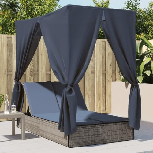 mtlskopl Double Sun Lounger w/Roof & Curtains, 78.7x44.9x77.2, Gray PE Rattan, 4-Position Recliner for 2, Navy Cushions