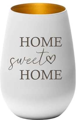 Windlicht Home Sweet Home | Teelichtglas | Geschenkidee für Familie, Freunde & Herzensmenschen | Dekoration & Kerzenhalter | 12 x 8,5 cm Pohmer Design | Bergliebe (Weiß-Gold, Home Sweet Home)
