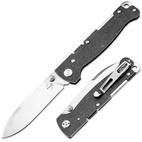 BÖKER PLUS® Atlas Droppoint TS - flaches Einhandmesser mit Daumenpin - Vollmetall Taschenmesser mit extra scharfer 7,3 cm Droppoint Klinge - robustes Klappmesser mit Edelstahl-Griff Black Stonewash