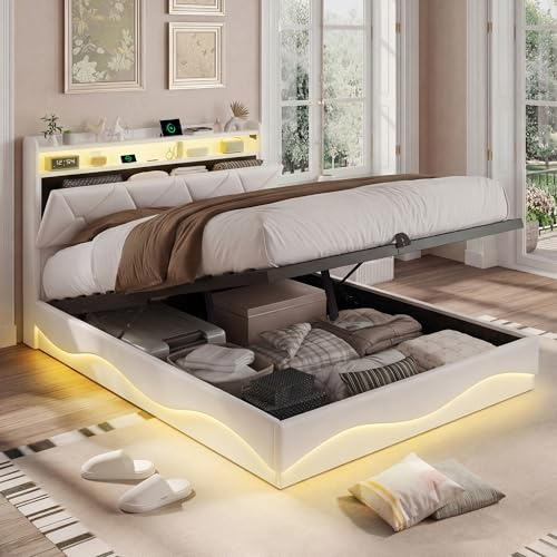 BPKADHY Bett 160x200 mit Stauraum, Polsterbett mit LED-Beleuchtung & Ladestation, Hydraulisches Stauraumbett Doppelbett Bettgestell mit Lattenrost und Kopfteil, Samt, Beige, Ohne Matratze