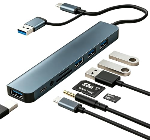 USB C Adapter 8 in 1, USB Hub with USB 3.0 & Triple USB 2.0 Ports, Type C Data Interface, SD/TF Card Reader, 3.5mm Audio Jack, USB Multiport Adapter Compatible with Smartphones, Laptops, Switch, Pad