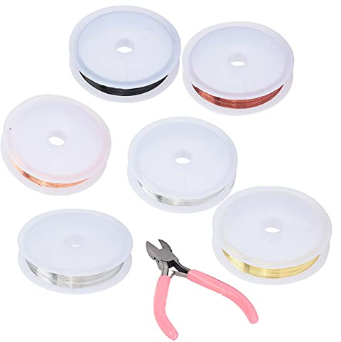 6-pack smycketråd för pärlor |Hantverkstråd i mässing med skärtång |Gör-det-själv smycketillbehör för örhängen/halsband/armband |20m vardera, 6 färger