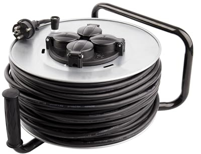 LEDKIA LIGHTING - Carrete Alargador de Cable 50m | 4 Enchufes con Tapas Protectoras | Protección IP44 | Carga Máxima 3200W | Uso Interior/Exterior, Gris, Metal