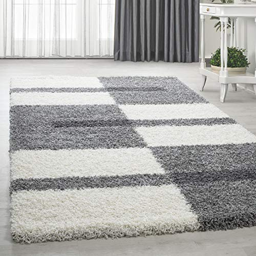 Homebyhome Långluggig Matta 200x290 cm Ljusgrå Mjuk Shaggy Flokati Rutig Stor Matta för Vardagsrum Sovrum eller Matsal