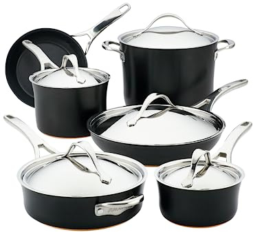 Anolon 83874 Nouvelle Copper Antihaft-Kochgeschirr Töpfe und Pfannen Set, Harteloxiertes Aluminium mit Kupfer-Mittelschicht und Antihaftbeschichtung, Onyx
