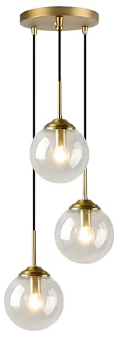 HJXDtech Industrielle Vintage Messing 3-Fläming Pendelleuchte Cluster, Klar Glaskugel Hängelampe Kronleuchter E27 Fassung Deckenleuchte für Küche Wohnzimmer