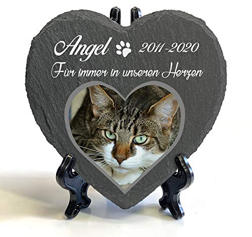 TULLUN Individueller Personalisiert Herzform Tiergrabstein Schiefer Gedenkstein + Ständer für Hund, Katze und andere Haustiere Tiere - Größe | 10 x 10 cm | - Foto und Name