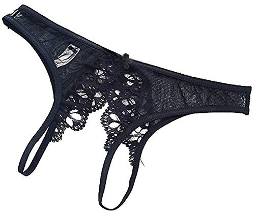 AISOO Braga Sexy para Mujer Abierta y Traviesa con Detalle de Lazo Floral de Encaje Transparente Tangas y Ropa Interior Misteriosa Erótica, M-XL, Negro, Negro , 38