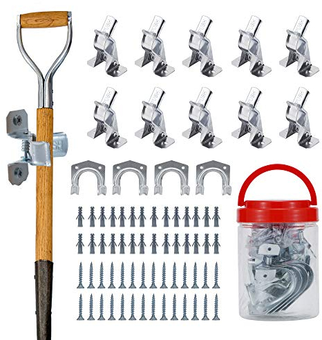 Sinoer 14 PACK Mop Broom Holder Garage Hooks Tool Hanger Metal Wall Mounted Tool Clips Wall Mounted Tool Organizer for Rakes, Shovel, Brooms,Warehouse, Garden,Sheds,Garage