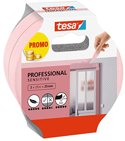 tesa Masking Tape WALLPAPER - Thin Painter's Tape for Precise Masking - Suitable for Sensitive Interior Surfaces - 2x 25 m x 25 mm - Pink