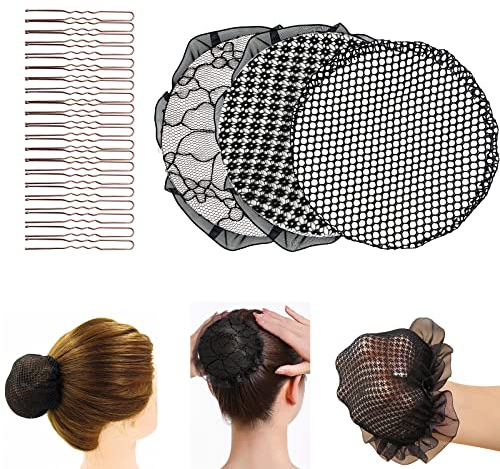 Redecilla Moño Invisible, Redes de Pelo de Malla con Borde Elástico para Moño Reutilizables con 20 Piezas de Pasador de Pelo Dorado Red Invisible para Moño para Mujeres 3 Piezas negro