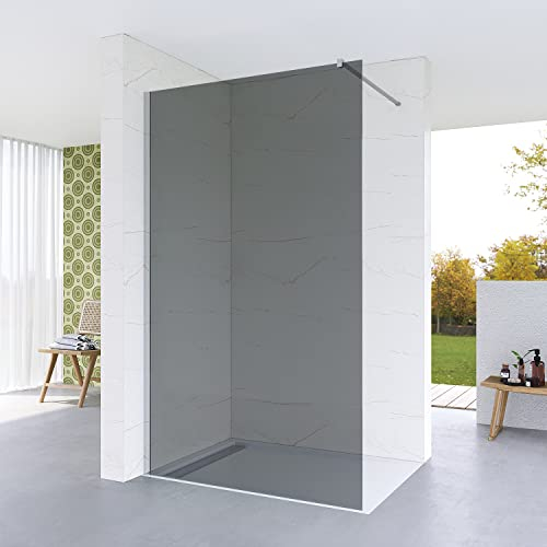 Duschabtrennung Duschwand Glas Walk in Dusche Graues Glas 100 x 200 cm ESG Echtglas Grauglas 8 mm Duschtrennwand Glaswand Glastrennwand Lotuseffekt Nano Beschichtung 90° Stabilisator Edelstahl