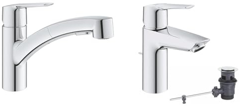 GROHE QUICKFIX Start Robinet de Cuisine évier, Douchette extractible, Inverseur 2 jets, Rotation 90° & QUICKFIX Start Robinet de salle de bains lavabo, mousseur économie d'eau