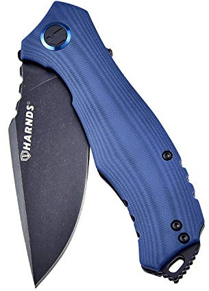 Harnds Maverick Cuchillo plegable con Flipper Assist, 88mm Hoja de acero D2 Cuchillo plegable con mango G10 antideslizante y clip extraíble y bloqueo de la hoja (Azul+Satén)