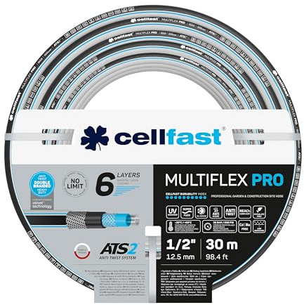 Cellfast Tuyau De Jardin MULTIFLEX PRO, Durable, 6 Couches, Tresse Tricot ATS2, Résistant aux UV et aux algues, Sans métaux lourds, technologie velvet, 35 Bar, -20/+65°С Temp. 1/2, 30m