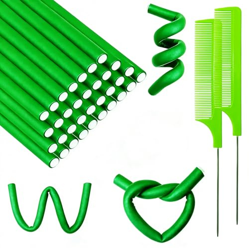60 Pieces Flexible Curling Rods Twist Foam Flexi Rods No Heat Hair Rods Hair Rollers and Steel Pintail Rat Tail Comb for Long or Short Hair Women Girls (9.45 x 0.31, Green)