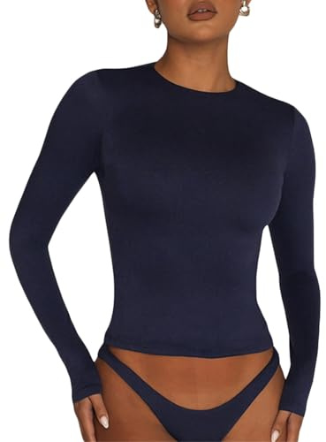 Tshirt Damen Top Rundhals Slim Fit Langarmshirt Y2K Oberteile Einfarbig Basic Crop Tops Influencer Tee Shirts Casual Teenager Streetwear(M,Tibetisch Blau)