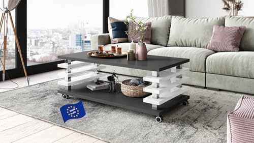 Carl Svensson Couchtisch DC-3 Anthrazit matt / Weiß Hochglanz 120x60cm mit Ablage modern stabil vielseitig Wohnzimmertisch Beistelltisch Sofatisch Zeitloses platzsparend robust Wohnzimmer mit Rollen