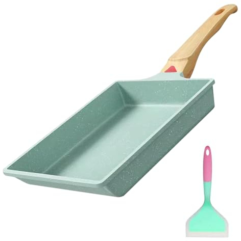 Tamagoyaki - Sartén Rectangular Japonesa, Sartén Omelette Antiadherente, Sarten para Tortillas Japonesas con espátula de Silicona, Sarten Tamagoyaki de Inducción para Huevos, Tocino, 19 x 16 cm, Verde
