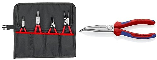 Knipex Sicherungsringzangen-Set 4-teilig (SB-Karte/Blister) 00 19 56 V01 & Flachrundzange mit Schneide (Storchschnabelzange) schwarz atramentiert, mit Mehrkomponenten-Hüllen 200 mm 26 22 200