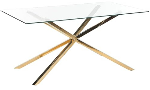 Beliani Mesa de Comedor Rectangular 160 x 90 cm Tablero de Vidrio Templado Transparente Patas Doradas Cora