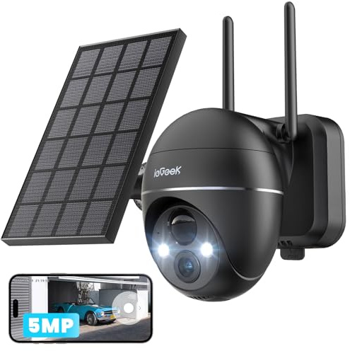 ieGeek 5MP Telecamera Wifi Esterno Senza Fili, 360° PTZ Telecamera Batteria Pannello Solare, Faretto e sirena, Rilevazione di Movimento PIR, Visione notturna a colori, Audio a 2 vie, IP65 (Nero)