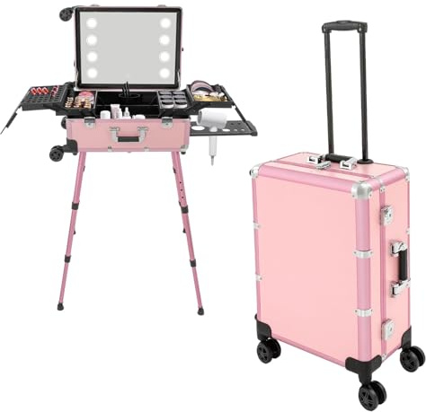 HINOPY Valigetta per cosmetici, trolley per trucchi, grande valigetta multiuso, con 4 ruote universali, grande specchio trasparente e gamba di supporto, per truccatori, parrucchieri, nail designer,