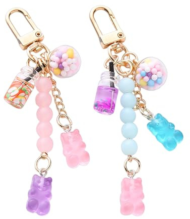 NYGGTYK Lot de 2 Pendentifs: Ours, Bonbons, Cœurs pour Filles - Mini Porte-Clés Mignons - Mélange de Couleurs
