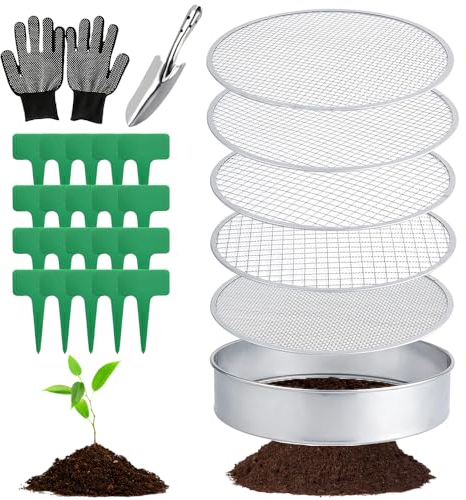 Colino da giardino rotondo 5 in 1 in acciaio inox 30 cm, con 5 inserti intercambiabili Ø 3,6,9,10,12 mm, filtro per compost rotondo in metallo, con paletta da giardino e 20 etichette per piante, 1