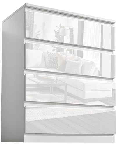 High Gloss Chest of Drawers, 4 Drawer Bedroom Chest of Drawers MDF Chest of Draws Bedside Table Storage Cabinet for Bedroom Living Room Office Hallway Furniture, White, 70W x 40D x 95.5Hcm