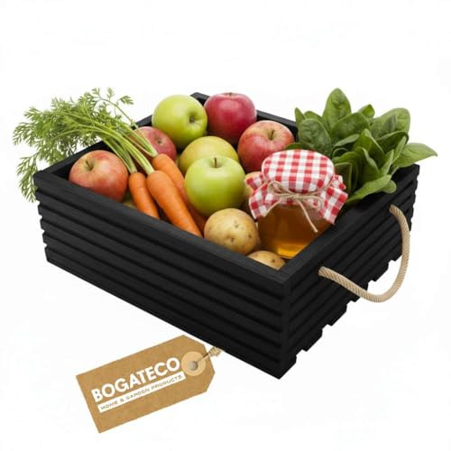 BOGATECO Holzkiste Natur | 40 cm x 35 cm x 14,5 cm | Holzbox | Deko Holzkisten | Obstkiste | Gemüsekiste | Holzkiste zur Aufbewahrung | Aufbewahrungsbox Kiste Holz Geschenk Deko Weinkiste | Black
