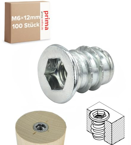Einschraubmutter M6 x 12 mm – Einschraubmuffen/Eindrehmuffen aus verzinktem Stahl – Innengewinde für Holzbau & Möbelbau (100 Stück)