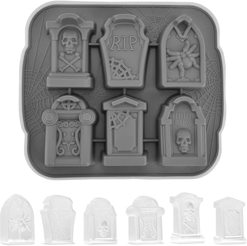 VireEyU Halloween-Grabstein-Silikonform, 3D-Schokoladenform mit Totenköpfen und Spinne,Vielseitig für Eiswürfel, Süßigkeiten, Mini-Kuchen,Silikonbackform in Grau,Ideal für Halloween und Motto-Partys