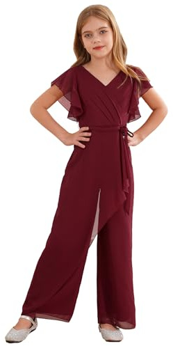 Yhong Mädchen Chiffon Hosenanzug Sommer Jumpsuit Elegant Einteiler Kurzarm Sommer Festliche Kinderbekleidung für Hochzeit Party Geburtstag Burgundy 134-140
