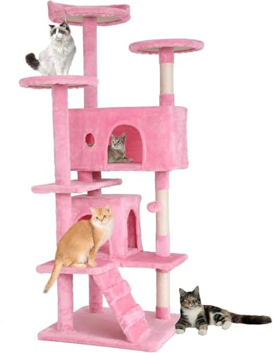 FDW Arbre à Chat Hauteur 178 cm Tour de Jeux pour Chat avec 2 Niches 3 Plateformes 2 Boules en Sisal Arbre à Grimper Multi-Niveaux Idéal pour 3-4 Chats Gris Rose