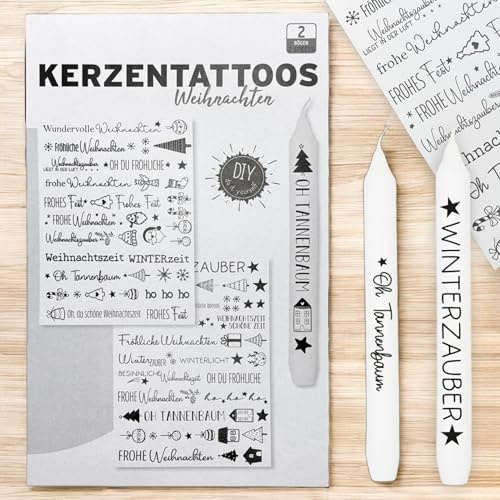 MIJOMA Kerzentattoos Weihnachten - Einfach anzubringen, reißfest, festlicher Glanz, kreative Designs, Wasserschiebefolie für Adventskerzen, 4x DIN A5 - Hochwertige Weihnachtskerzen Sticker