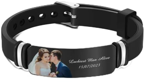 Personalisiertes Herren-Armband mit Fotogravur, Geschenk zum Jahrestag, frisch verheiratetes Paar, personalisiertes Armband, schwarzes Silikon-Armband, Bild-Armband