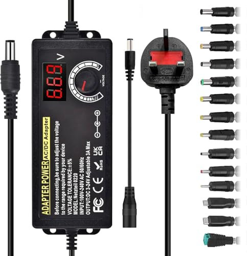Power Supply 3A 72W Adjustable Variable AC/DC Adapter Charger, 100V-240V AC to DC 3V~24V Converter with LED Voltage Display & 14 Tips & Polarity Converter